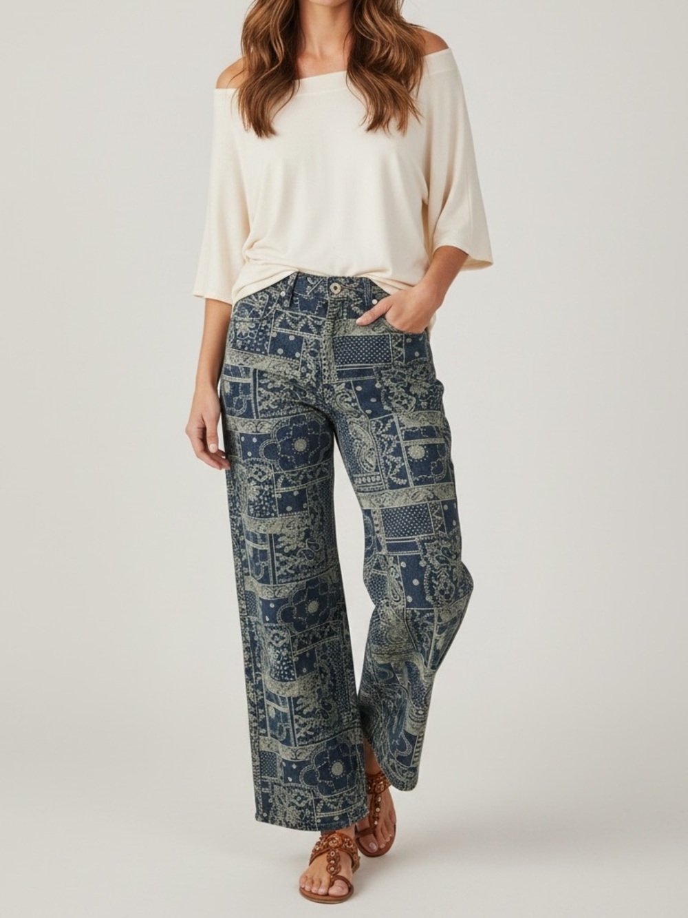 New Cali 1850 Boho Paisley Floral Wide Leg Jeans